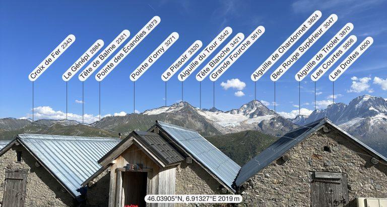 Chalets du refuge de Loriaz face au massif du Mont-Blanc, sommets annotés de la Croix de Fer aux Droites