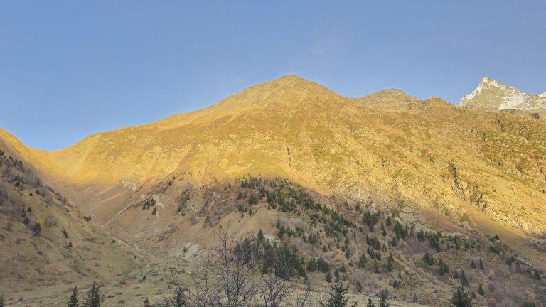 Crête herbeuse dorée par le dernier soleil au-dessus du vallon de Miage