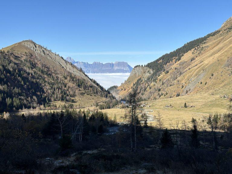 Le vallon de Miage en automne, alpages et forêt sous le soleil