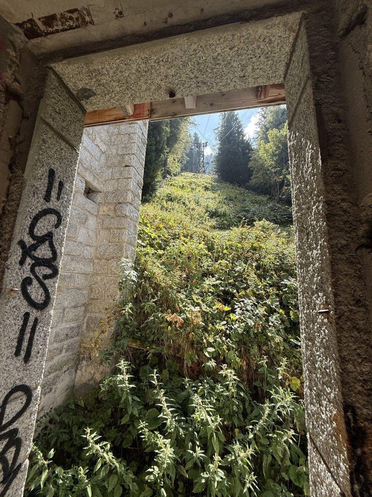 Encadrement de porte en granit ouvrant sur la végétation qui envahit les abords de la gare